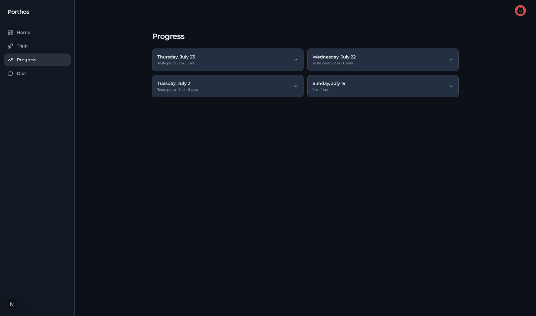 Workout history list in the Porthos app